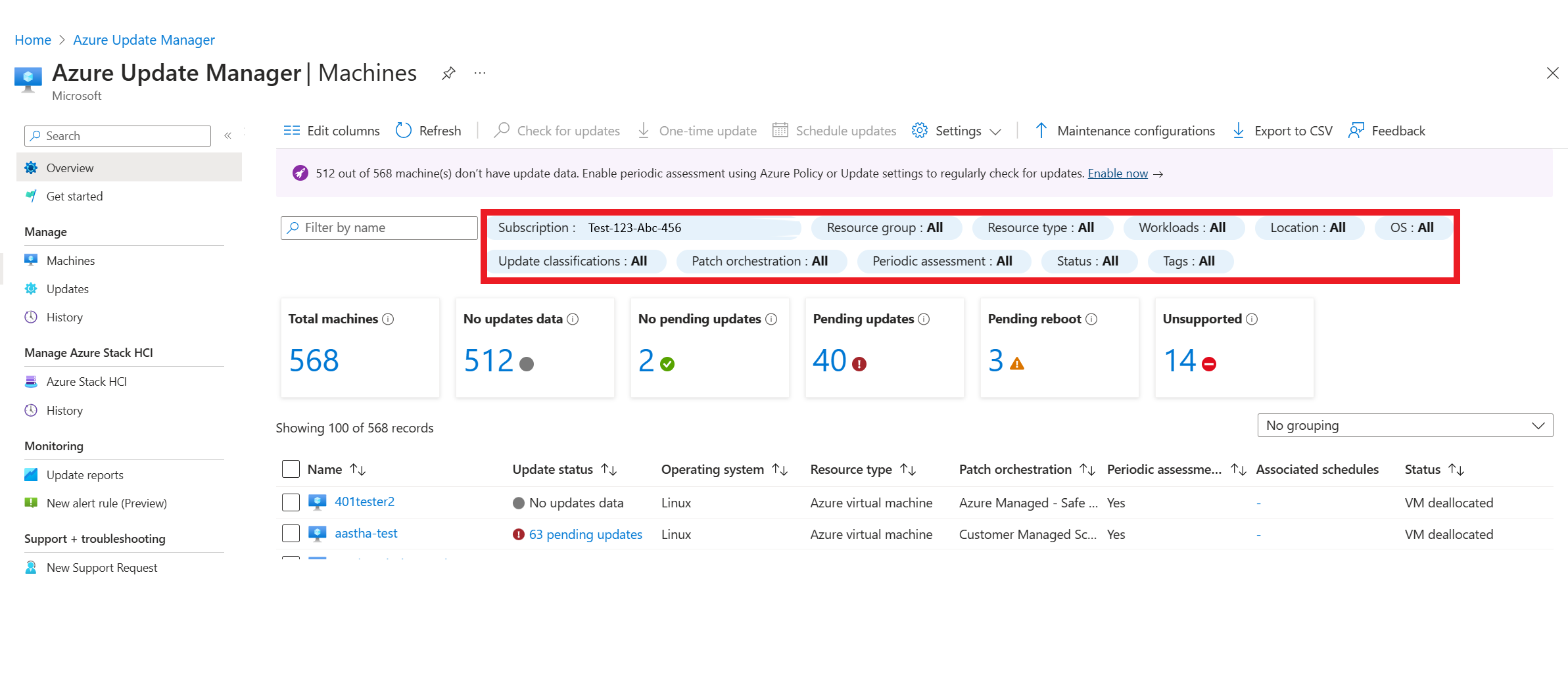 Screenshot della selezione dei filtri in Gestore aggiornamenti di Azure per visualizzare i computer.