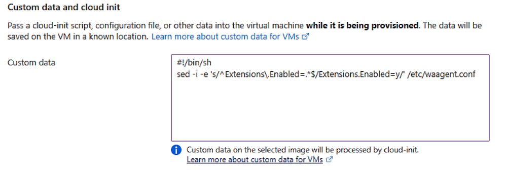 Screenshot del campo di input init cloud per le nuove macchine virtuali Linux.