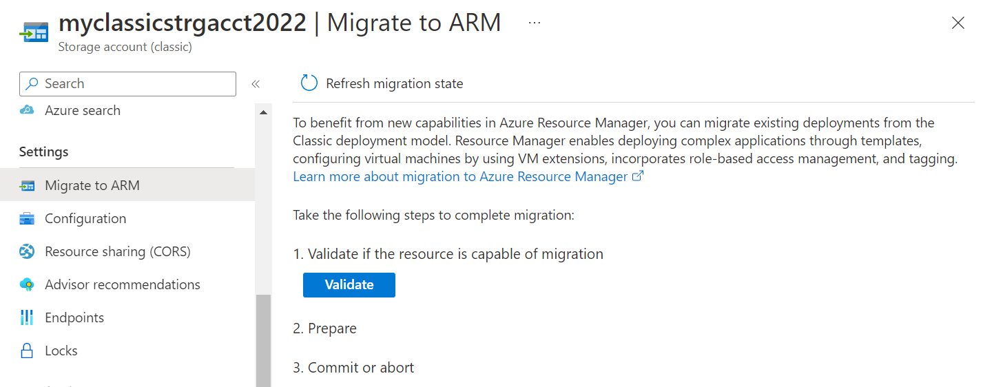 Screenshot che mostra la pagina per la migrazione dall'account di archiviazione classico ad Azure Resource Manager.