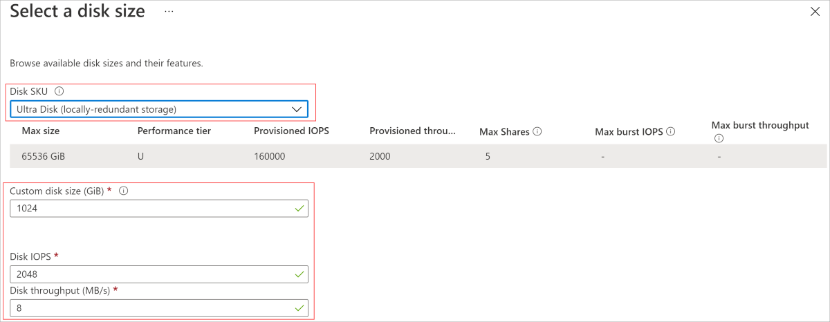 Screenshot del pannello Selezionare le dimensioni del disco con l'opzione Disco Ultra selezionata per il tipo di archiviazione e altri valori evidenziati.