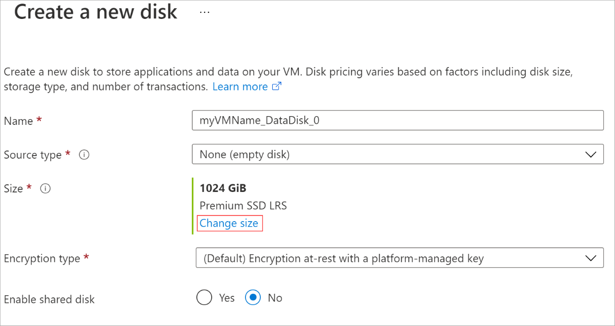 Screenshot del pannello Crea un nuovo disco, con l'opzione Modifica dimensioni evidenziata.