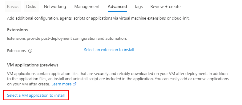 Screenshot della scheda Avanzate in cui è possibile scegliere di installare un'applicazione vm.