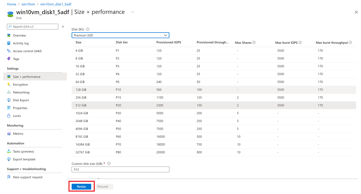 Screenshot che mostra il riquadro Dimensioni e prestazioni con l'opzione Ridimensiona selezionata.