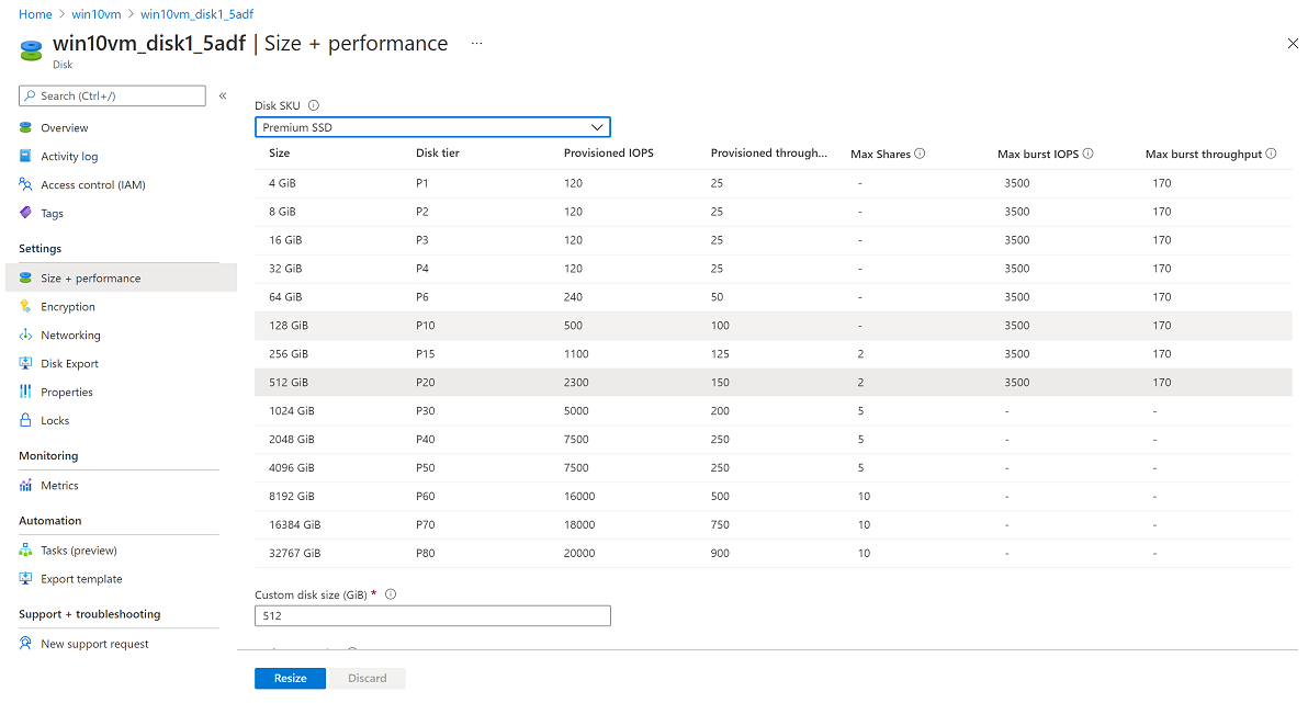 Screenshot che mostra il riquadro Dimensioni e prestazioni con le dimensioni del disco selezionate.