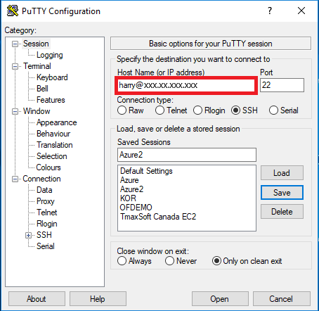 Screenshot che mostra la finestra di dialogo Configurazione PuTTY ed evidenzia il campo Nome host (o indirizzo IP).