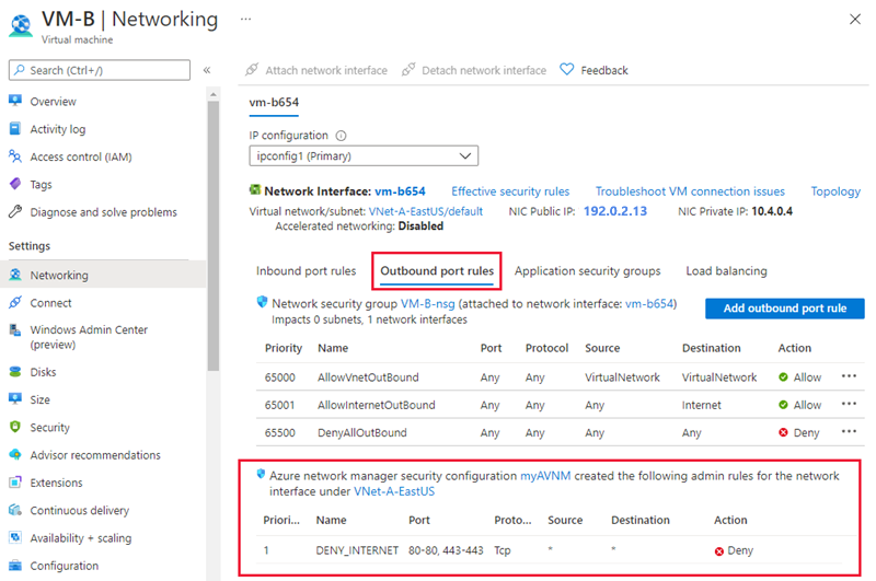 Screenshot delle regole di sicurezza in ingresso della macchina virtuale.