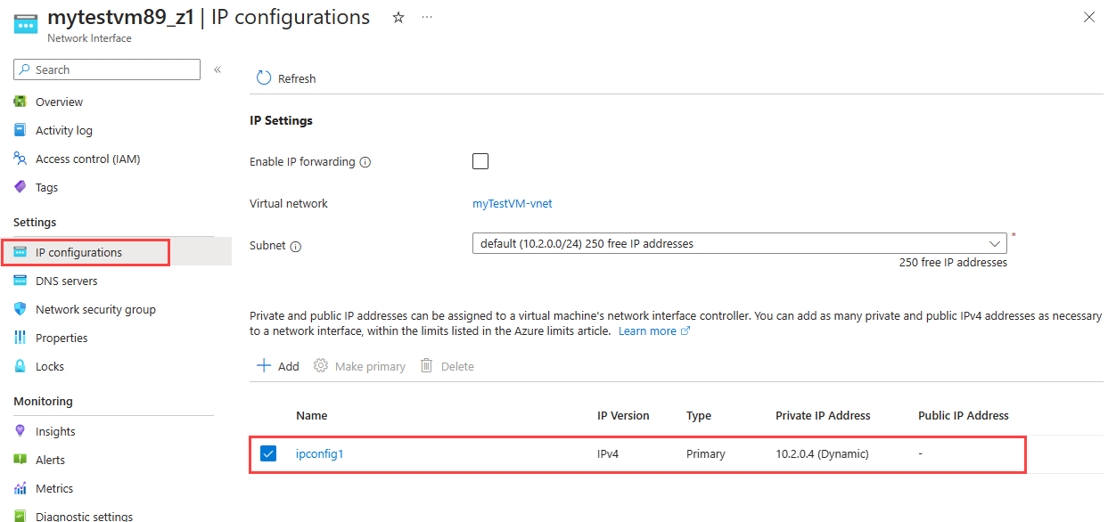 Screenshot che mostra come selezionare la configurazione IP di un'interfaccia di rete.