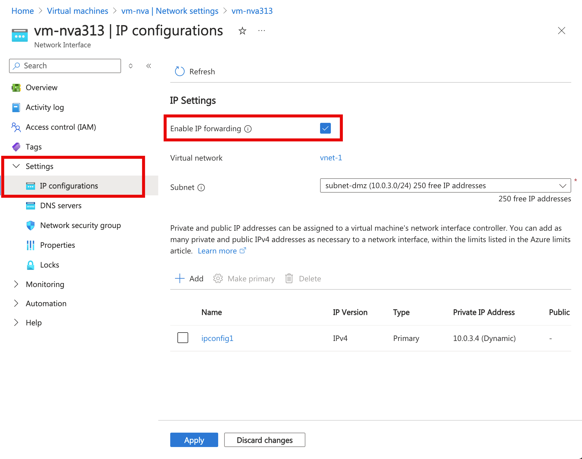 Screenshot dell'abilitazione dell'inoltro IP.