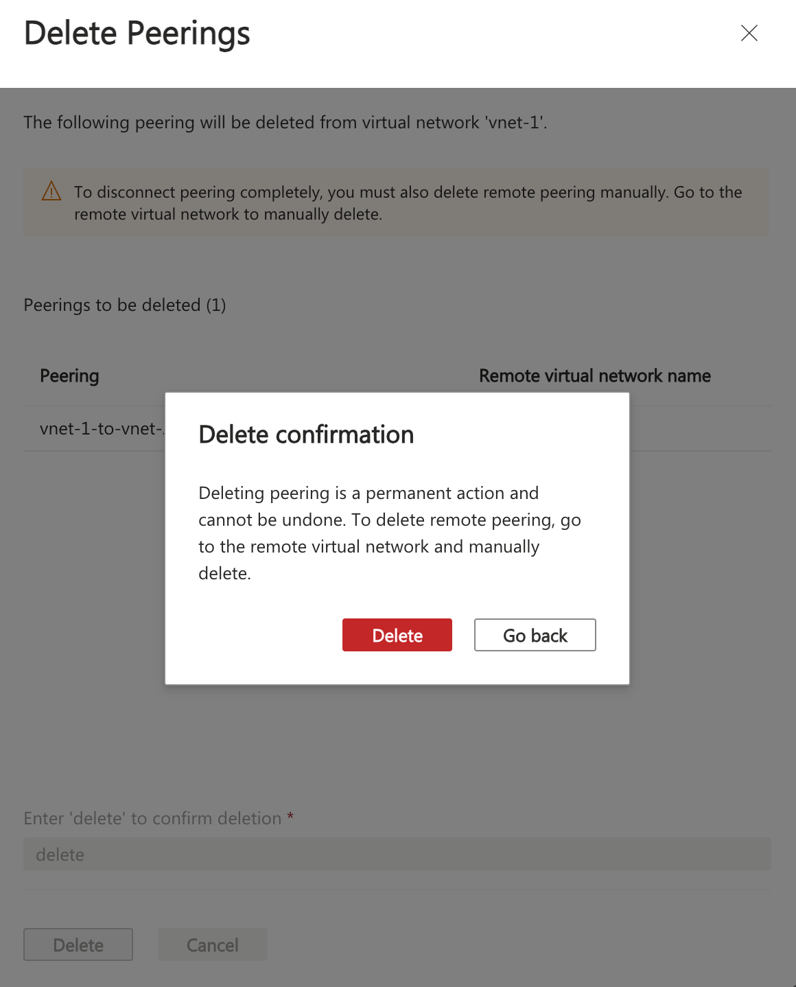 Screenshot della conferma dell'eliminazione del peering.