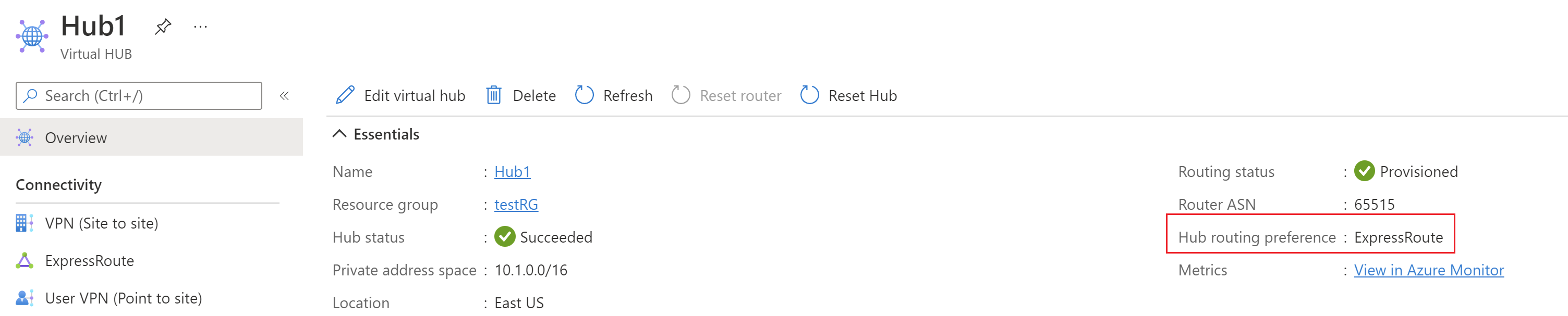 Screenshot della pagina di panoramica dell'hub virtuale con le preferenze di routing.