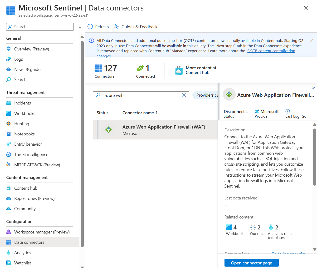 Screenshot del connettore dati in Microsoft Sentinel.