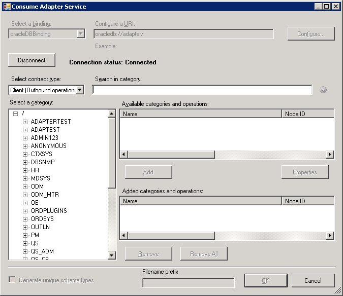 Finestra di dialogo Utilizzo del servizio adapter connessa