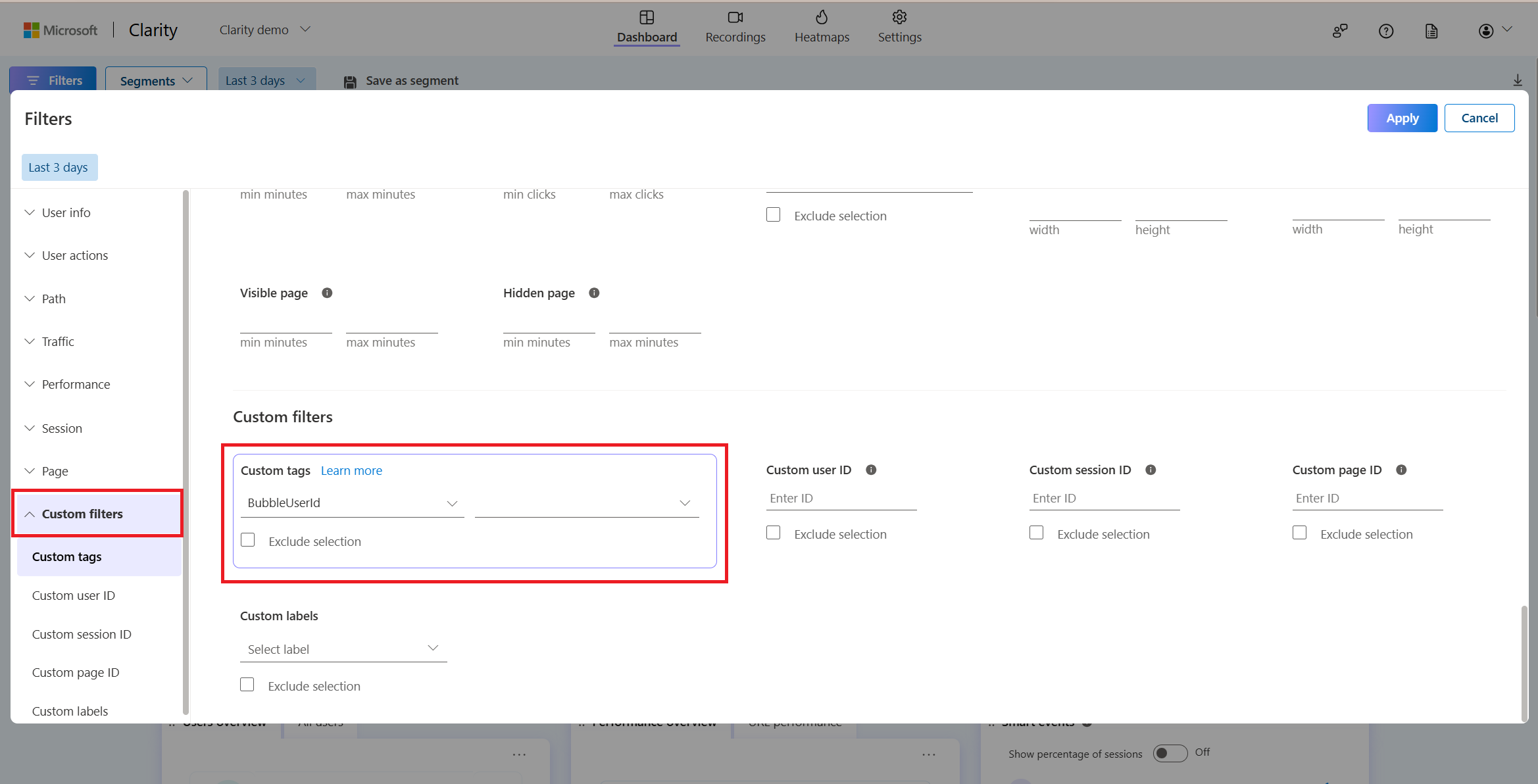 Set custom tag in clarity project filters.