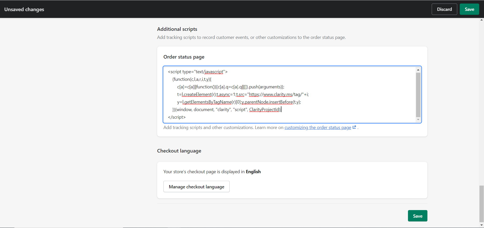 Go to additional scripts to paste Clarity tracking code.