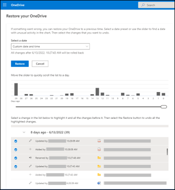 Pagina che consente di ripristinare OneDrive.