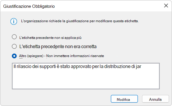 Richiesta di giustificazione della modifica dell'etichetta.