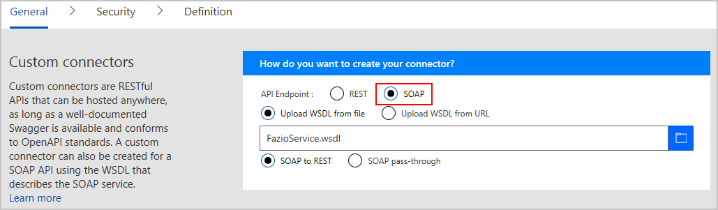 Screenshot della specifica del file WSDL per l'API