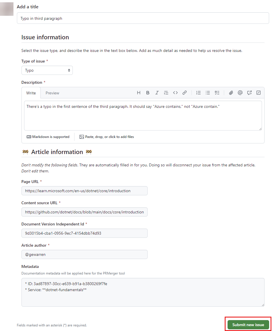 Screenshot del modulo new-issue in GitHub.