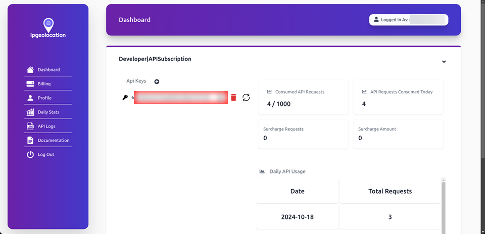 Immagine del dashboard ipGeolocation