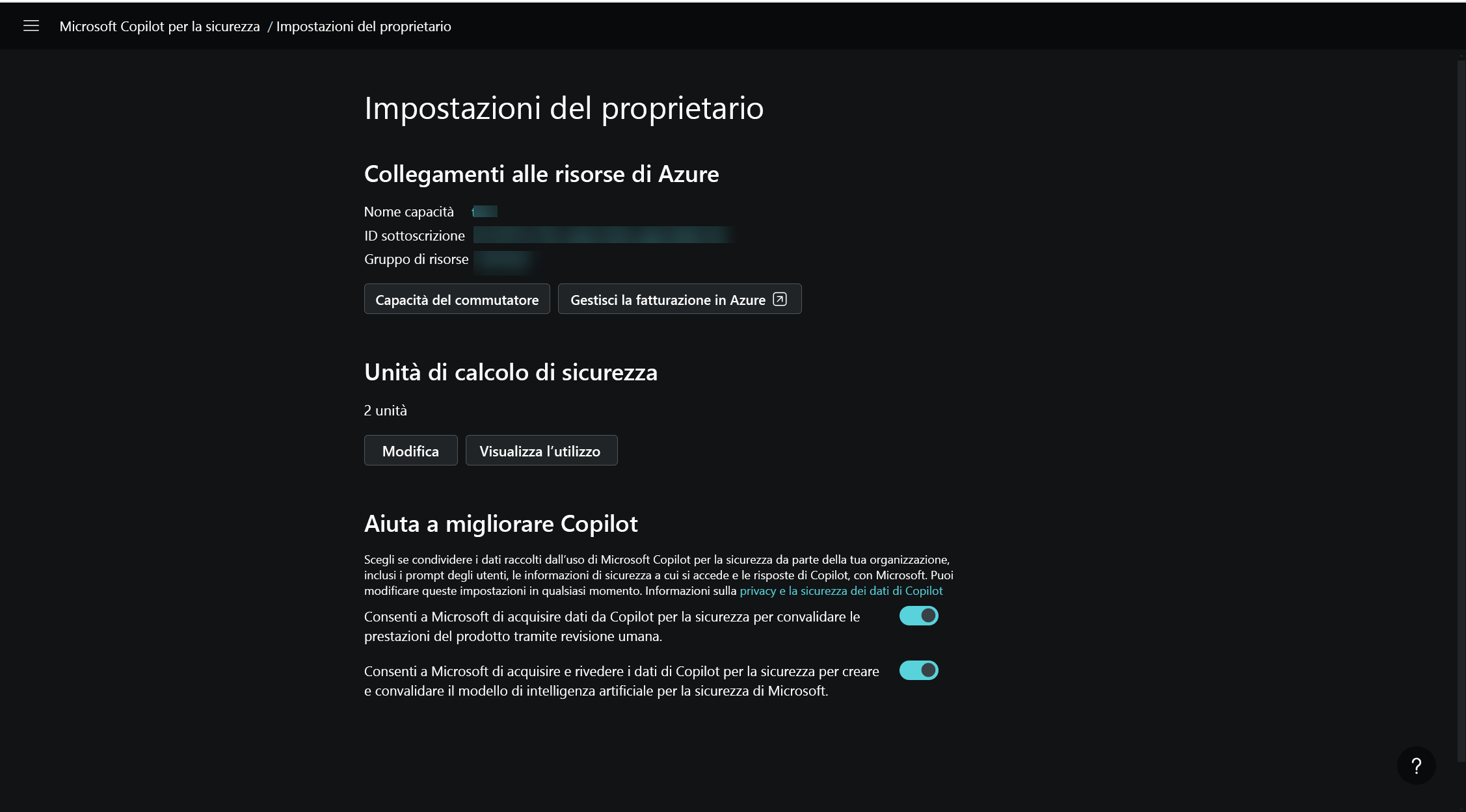 Screenshot della pagina delle impostazioni del proprietario.