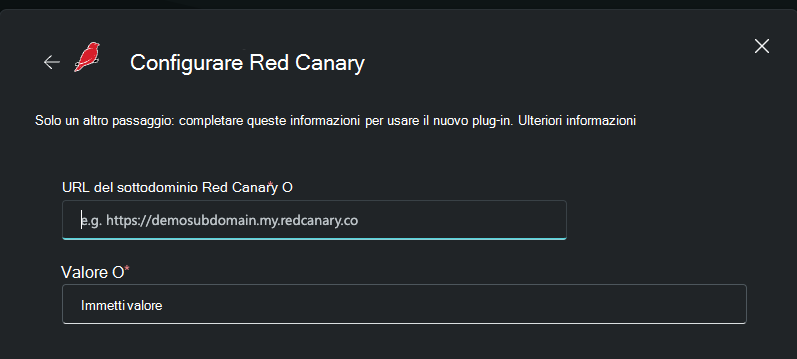 Screenshot che mostra dove immettere l'URL Red Canary e la chiave API.