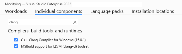 Screenshot della pagina Programma di installazione di Visual Studio singoli componenti che mostra i componenti Clang disponibili per l'installazione.