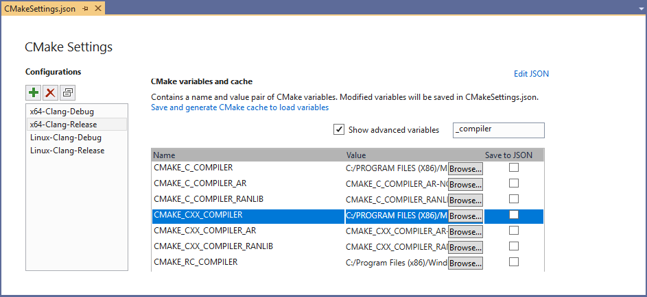 Screenshot della finestra di dialogo C Make Settings con il compilatore C Make C X evidenziato.