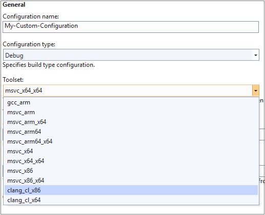 Screenshot della finestra di dialogo Generale che mostra che il set di strumenti è selezionato e clang cl x 86 è evidenziato.