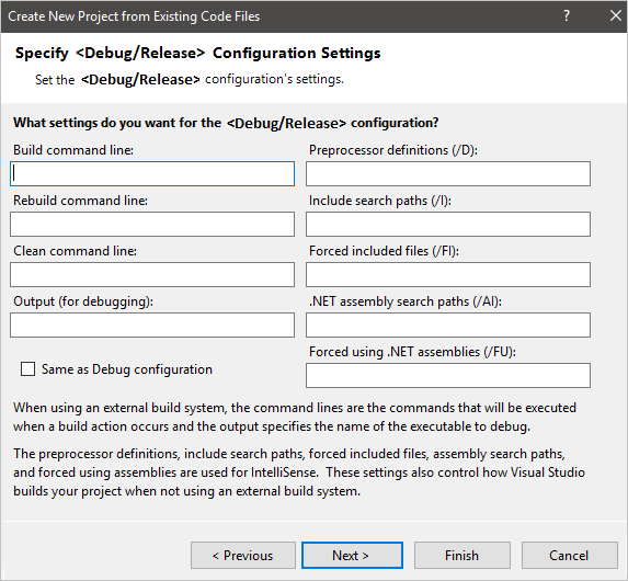 Finestra di dialogo Crea nuovo progetto dalla finestra di dialogo Codice esistente, che mostra le impostazioni di configurazione debug e rilascio.