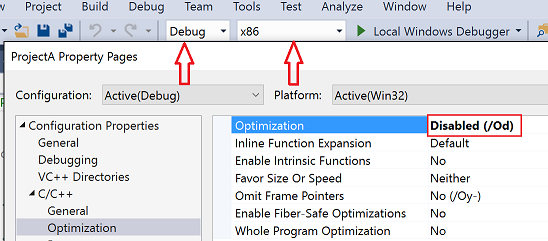 Screenshot della finestra di dialogo Pagine delle proprietà di Visual Studio.