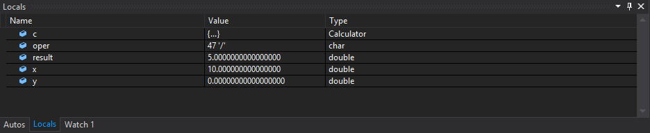 Screenshot della finestra Variabili locali in Visual Studio, che mostra i valori correnti delle variabili locali durante il debug.