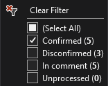 Screenshot delle opzioni di filtro. Include Confermato, Non confermato, In commento e non elaborato. Ognuno mostra il numero di risultati applicabili a tale categoria.