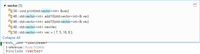 Screenshot della finestra di contesto Includi diagnostica C++ che mostra dove viene usato il codice del file di intestazione vettoriale.