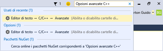 Screenshot della casella di ricerca Avvio veloce. Mostra la ricerca in C più avanzato che consente di ottenere opzioni per l'editor di testo.