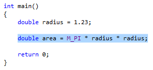 Screenshot che mostra il codice seguente che è evidenziato prepartory per l'estrazione: double area = M_PI * readious * radious;.