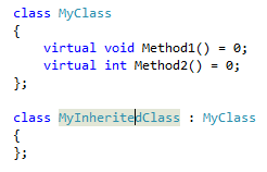 Screenshot di una classe con due funzioni virtuali pure denominate Method1 e Method2. Da essa deriva una classe vuota denominata MyInheritedClass.