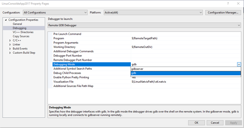 Screenshot della finestra di dialogo Pagine delle proprietà dell'app console Linux di Visual Studio 2017 con Proprietà > di configurazione Debug selezionata e Modalità debug evidenziata con G D B selezionata e evidenziata dall'elenco a discesa.