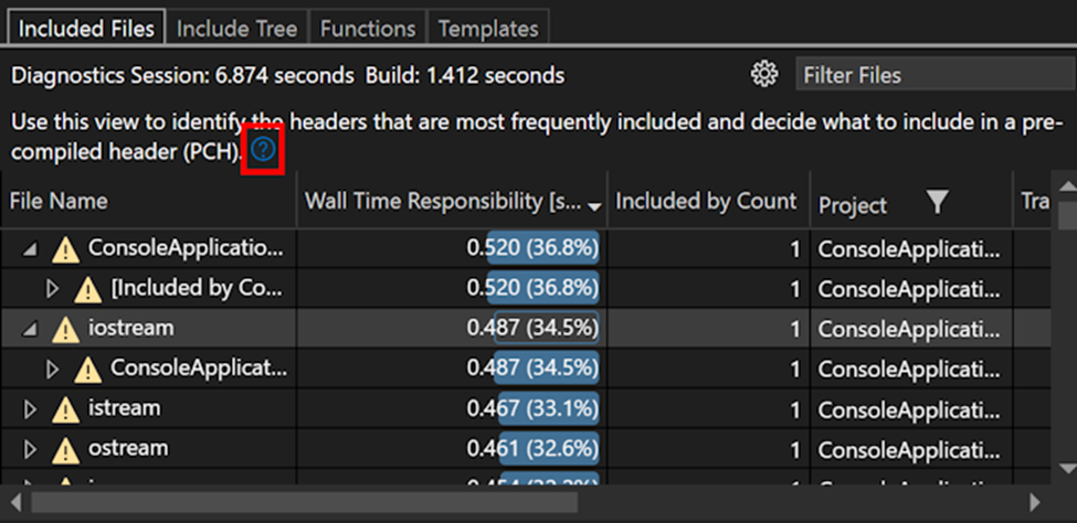 Screenshot della finestra Build Insights con il pulsante visualizza spiegazioni (un punto interrogativo in un cerchio) evidenziato.