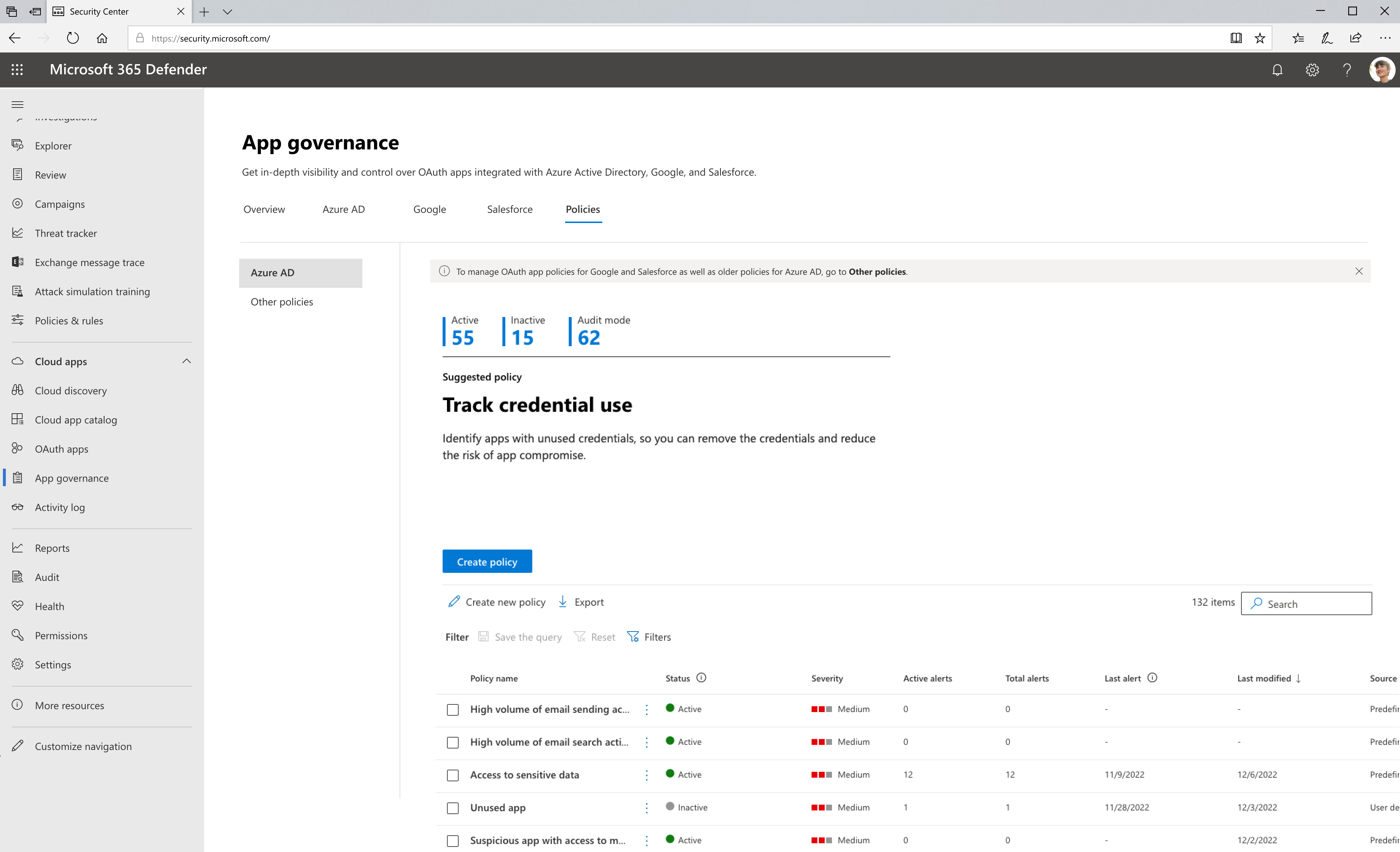 Screenshot della pagina di riepilogo dei criteri di governance delle app in Microsoft Defender XDR.