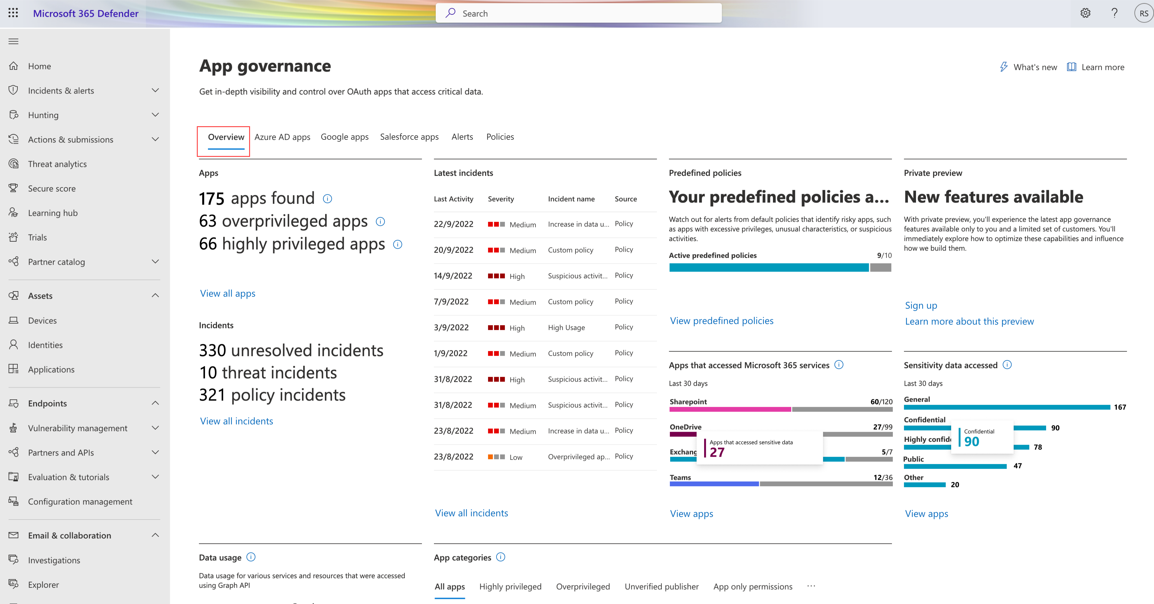 Screenshot della pagina Panoramica della governance delle app in Microsoft Defender XDR.