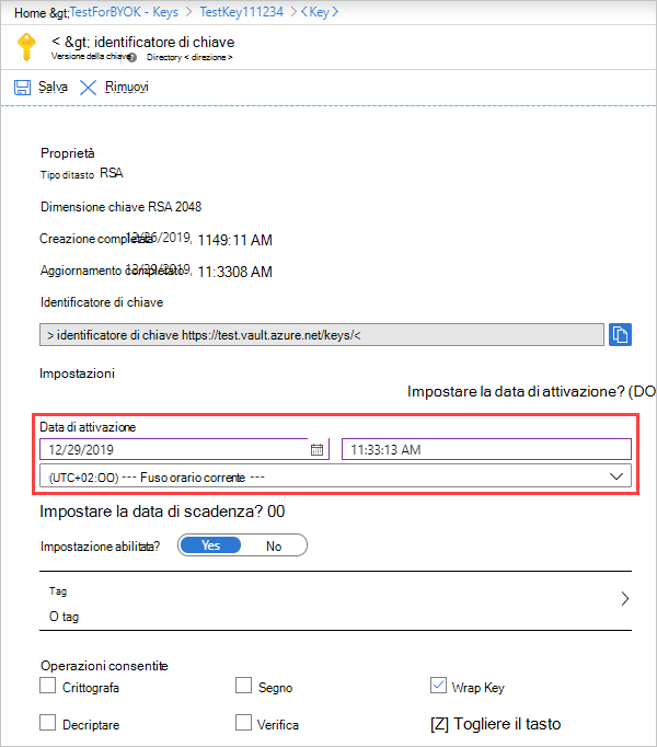 Screenshot che mostra la data di attivazione della chiave.