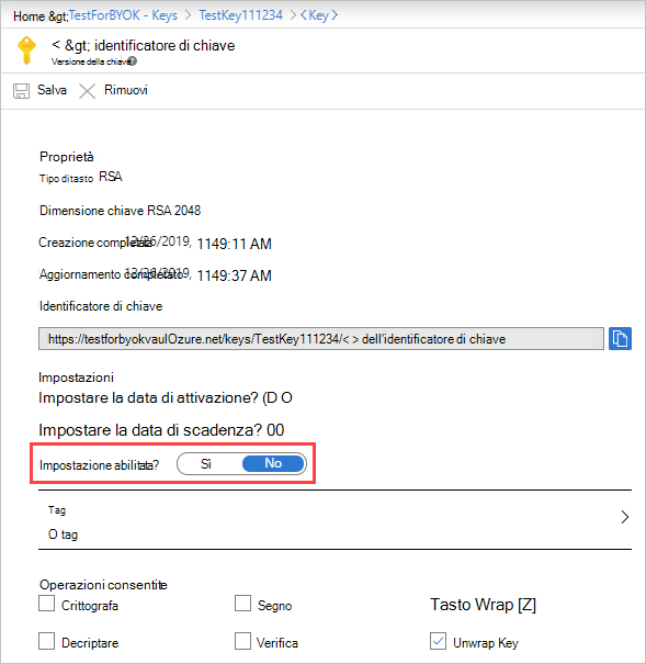Screenshot che mostra l'opzione di abilitazione della chiave.