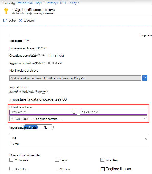 Screenshot che mostra la data di scadenza della chiave.
