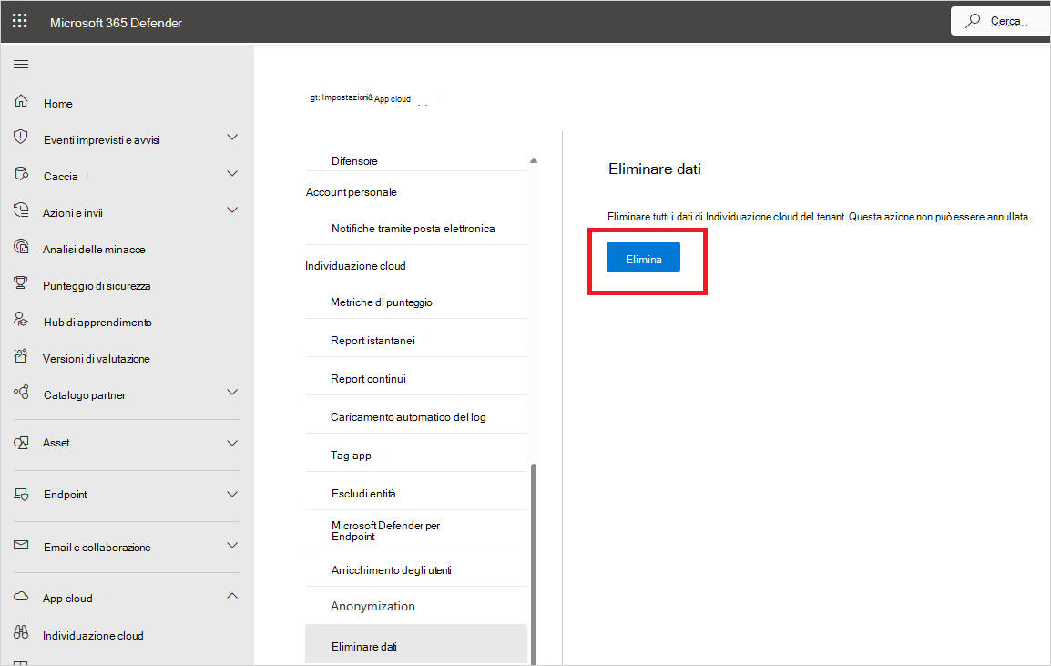 Screenshot dell'eliminazione dei dati di individuazione cloud.