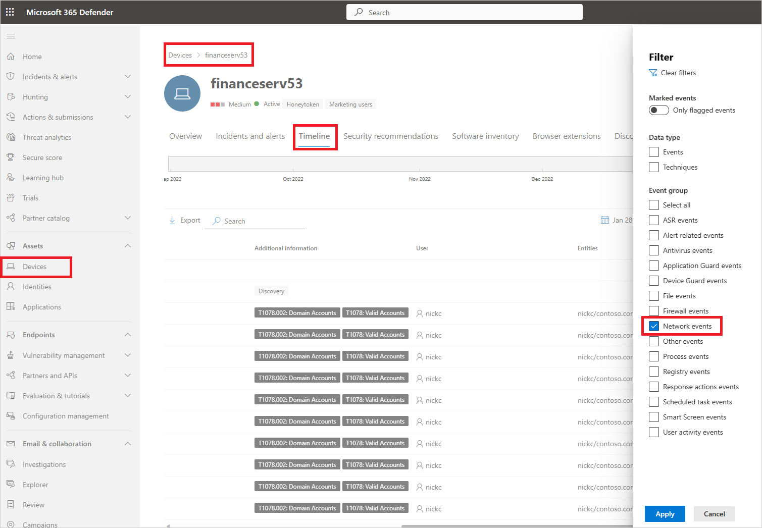 Screenshot che mostra la sequenza temporale del dispositivo in Microsoft Defender XDR.