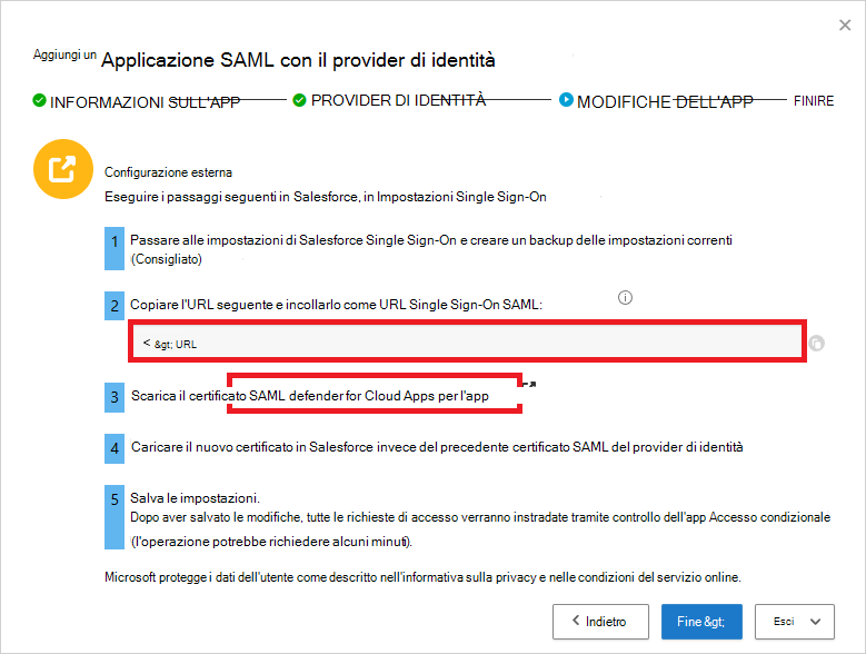 Prendere nota del Defender for Cloud Apps URL SSO SAML e scaricare il certificato.