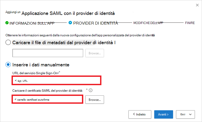 Aggiungere l'URL del servizio SSO e il certificato SAML.