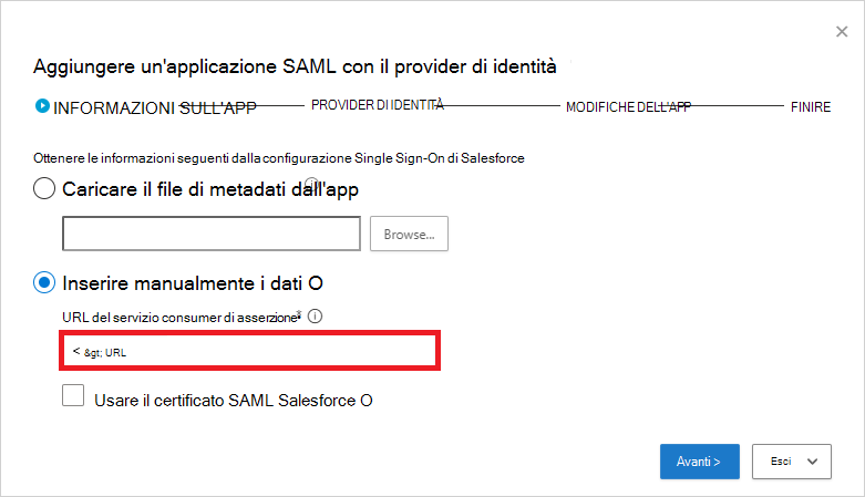 Compilare manualmente le informazioni SAML di Salesforce.