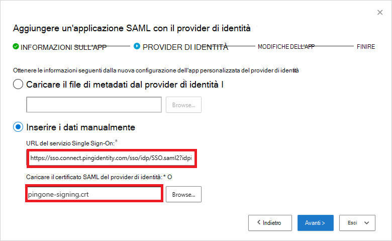 Aggiungere l'URL del servizio SSO e il certificato SAML.