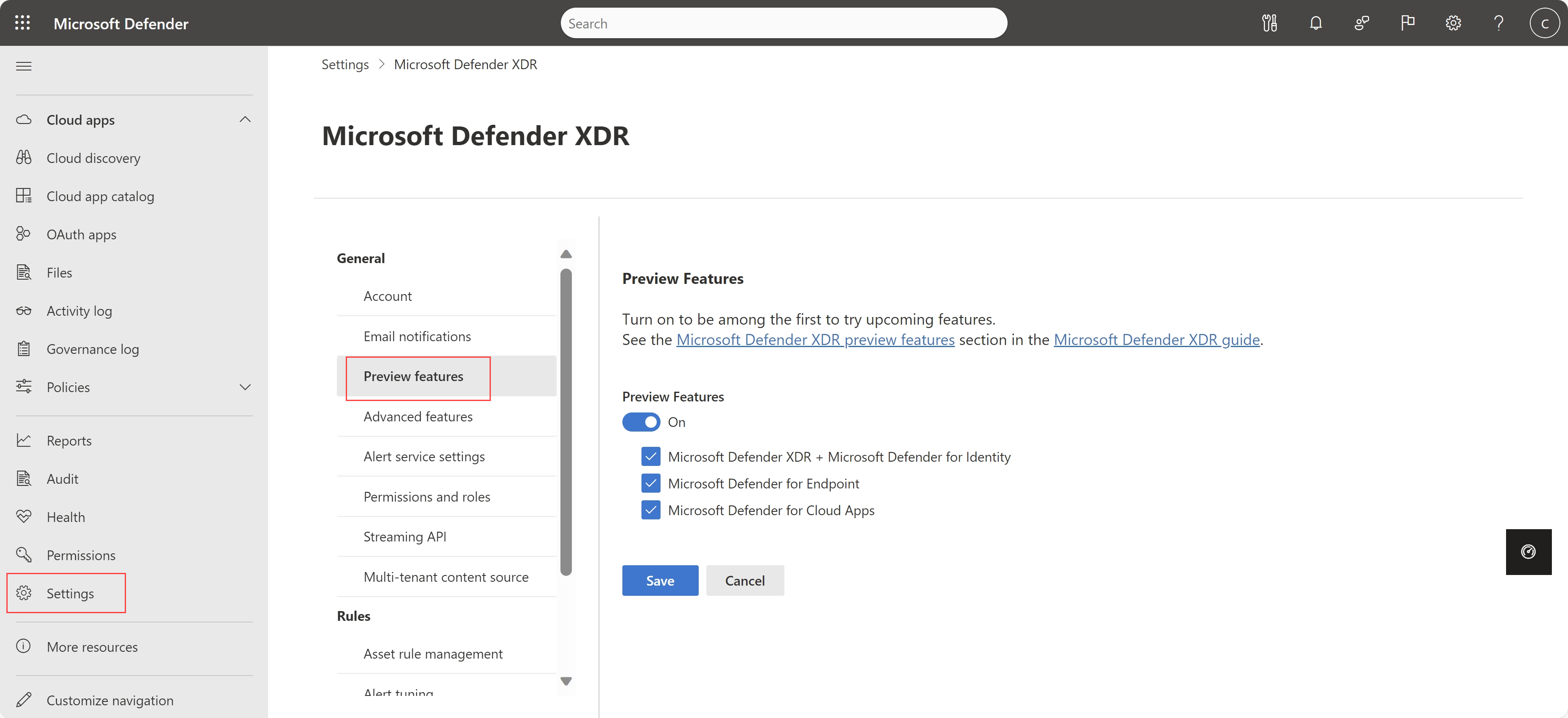 Screenshot della pagina delle impostazioni delle funzionalità di anteprima Microsoft Defender XDR.